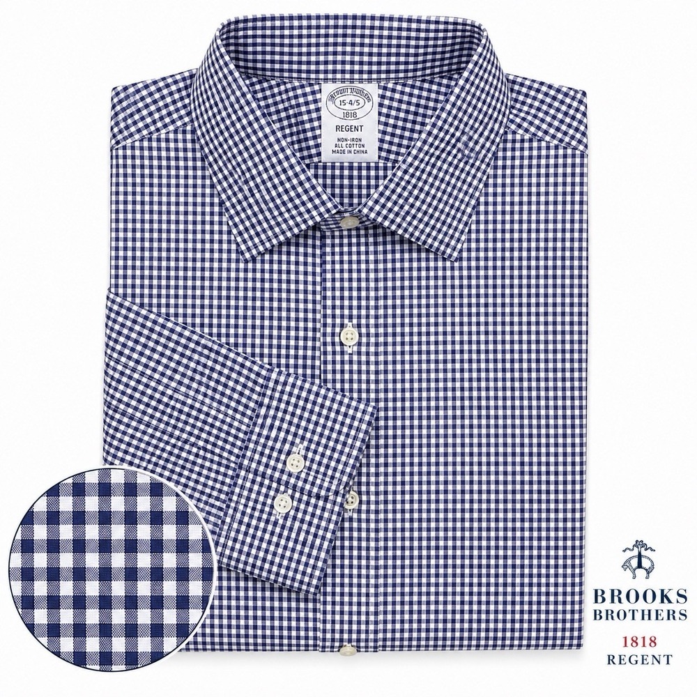 Brooks Brothers 1818 Regent Men's 15-4/5 Blue White Gingham Non-Iron Dress Shirt